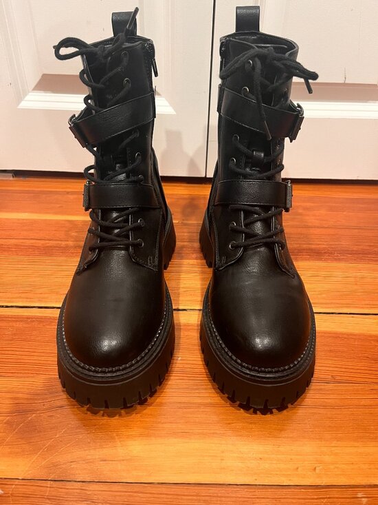 Sincerly Jules Shoes - Sincerely Jules Black Combat Moto Boots Silver Buckle Detail Women's Size 7.5